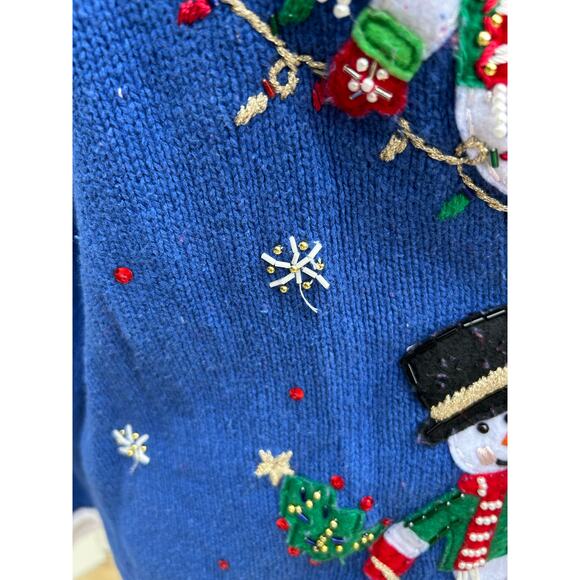 VTG Heirloom Collectibles Snowman Christmas Cardigan Sweater Blue Women's Large - Picture 11 of 12